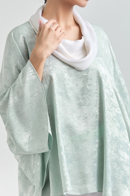 Buy_Mayank Anand Shraddha Nigam_Green Georgette Textured Cowl Collar Flared Poncho Top 