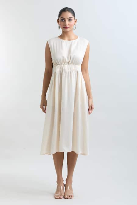 Mayank Anand Shraddha Nigam_Off White Shimmer Georgette Textured Round Dress _Online_at_Aza_Fashions