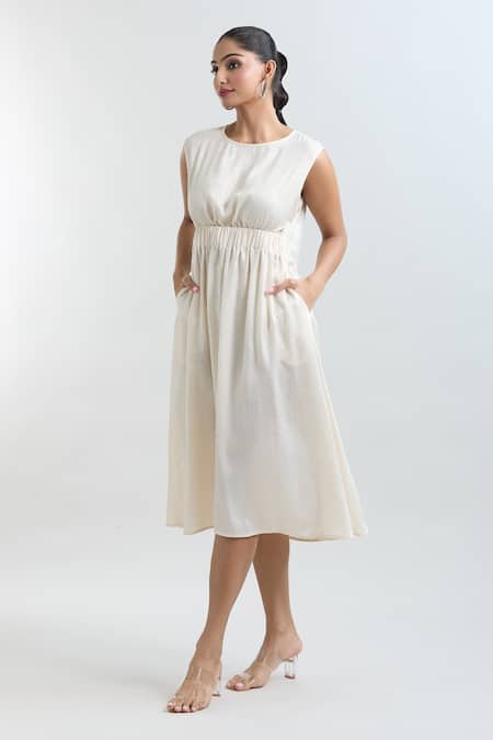 Buy_Mayank Anand Shraddha Nigam_Off White Shimmer Georgette Textured Round Dress _Online_at_Aza_Fashions