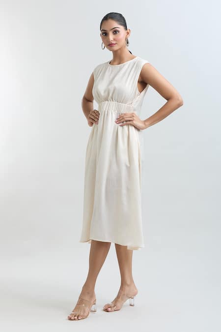 Shop_Mayank Anand Shraddha Nigam_Off White Shimmer Georgette Textured Round Dress _Online_at_Aza_Fashions