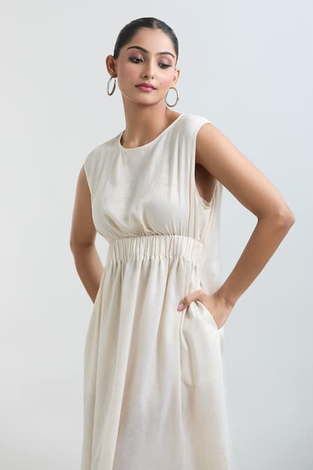 Mayank Anand Shraddha Nigam_Off White Shimmer Georgette Textured Round Dress _at_Aza_Fashions