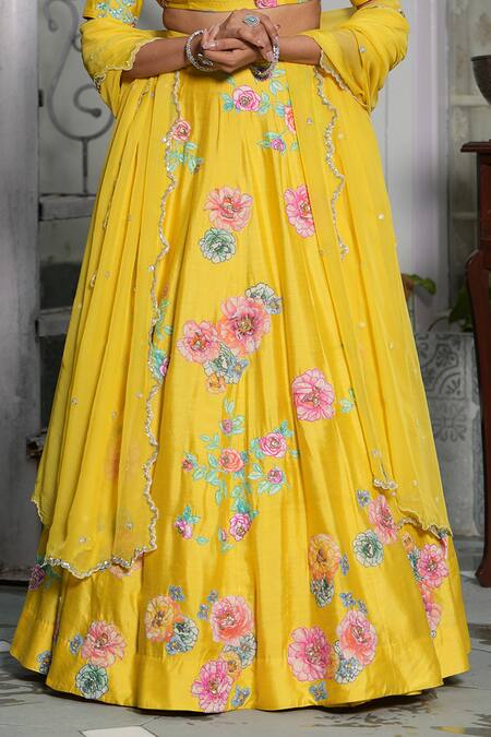 Studio Twelve 11_Yellow Chanderi , Organza, Sequins, Floral Embroidered Lehenga Set _Online_at_Aza_Fashions