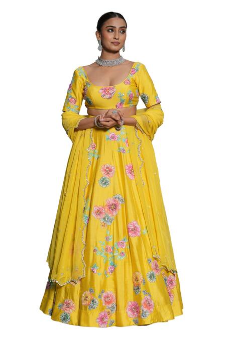 Buy_Studio Twelve 11_Yellow Chanderi , Organza, Sequins, Floral Embroidered Lehenga Set _Online_at_Aza_Fashions