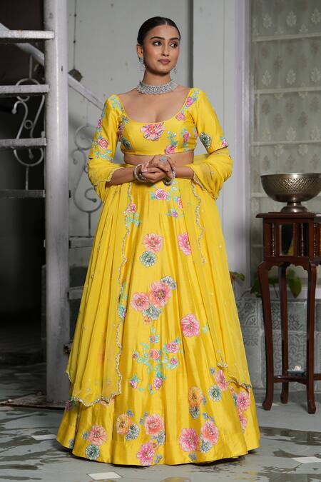 Shop_Studio Twelve 11_Yellow Chanderi , Organza, Sequins, Floral Embroidered Lehenga Set _Online_at_Aza_Fashions