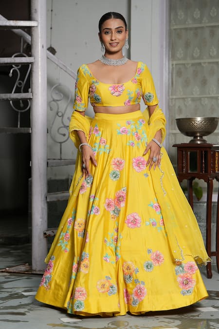 Studio Twelve 11_Yellow Chanderi , Organza, Sequins, Floral Embroidered Lehenga Set _at_Aza_Fashions