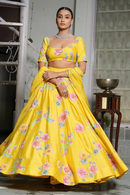 Buy_Studio Twelve 11_Yellow Chanderi , Organza, Sequins, Floral Embroidered Lehenga Set 