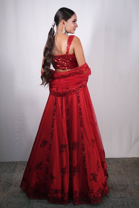 Studio Twelve 11_Red Net, Linen Sequins, Beads Square Neck Embroidered Lehenga Set _Online_at_Aza_Fashions