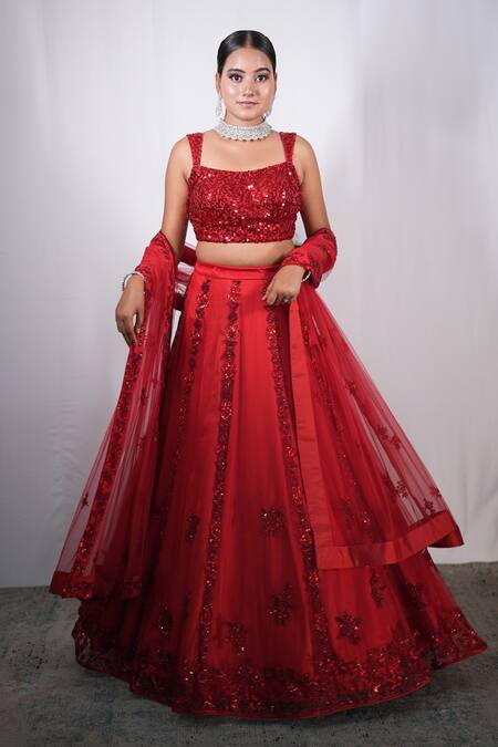 Buy_Studio Twelve 11_Red Net, Linen Sequins, Beads Square Neck Embroidered Lehenga Set _Online_at_Aza_Fashions