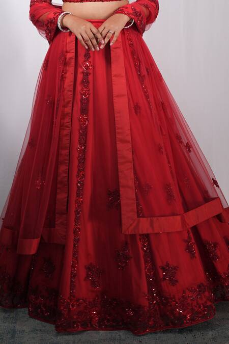 Shop_Studio Twelve 11_Red Net, Linen Sequins, Beads Square Neck Embroidered Lehenga Set _Online_at_Aza_Fashions