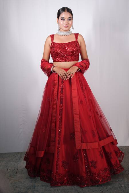 Studio Twelve 11_Red Net, Linen Sequins, Beads Square Neck Embroidered Lehenga Set _at_Aza_Fashions