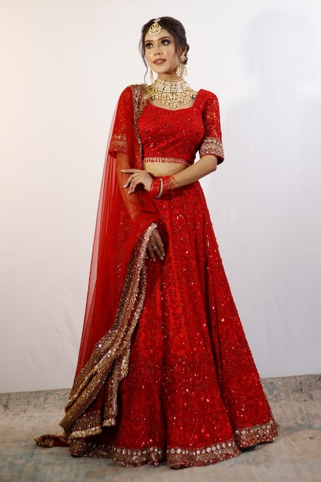 Studio Twelve 11_Red Net, Linen Sequins, Beads Round Neck Floral Embroidered Bridal Lehanga Set _Online_at_Aza_Fashions
