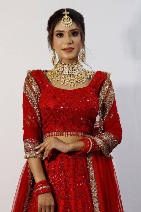 Shop_Studio Twelve 11_Red Net, Linen Sequins, Beads Round Neck Floral Embroidered Bridal Lehanga Set _Online_at_Aza_Fashions