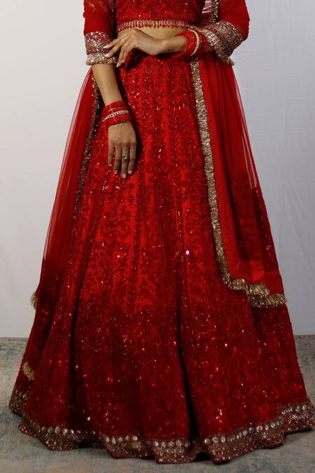 Studio Twelve 11_Red Net, Linen Sequins, Beads Round Neck Floral Embroidered Bridal Lehanga Set _at_Aza_Fashions