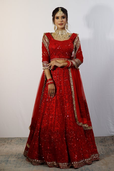 Buy_Studio Twelve 11_Red Net, Linen Sequins, Beads Round Neck Floral Embroidered Bridal Lehanga Set 