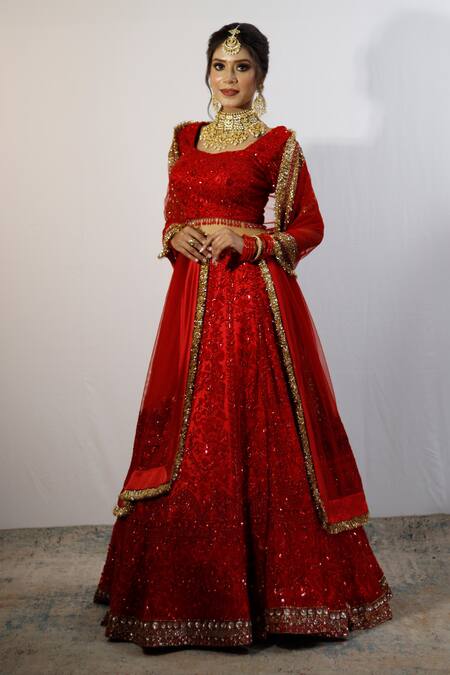 Shop_Studio Twelve 11_Red Net, Linen Sequins, Beads Round Neck Floral Embroidered Bridal Lehanga Set 