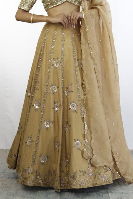 Studio Twelve 11_Beige Chanderi Silk, Organza Sequins, Beads Ari And Dori Embroidered Lehenga Set _Online_at_Aza_Fashions