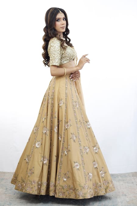 Buy_Studio Twelve 11_Beige Chanderi Silk, Organza Sequins, Beads Ari And Dori Embroidered Lehenga Set _Online_at_Aza_Fashions
