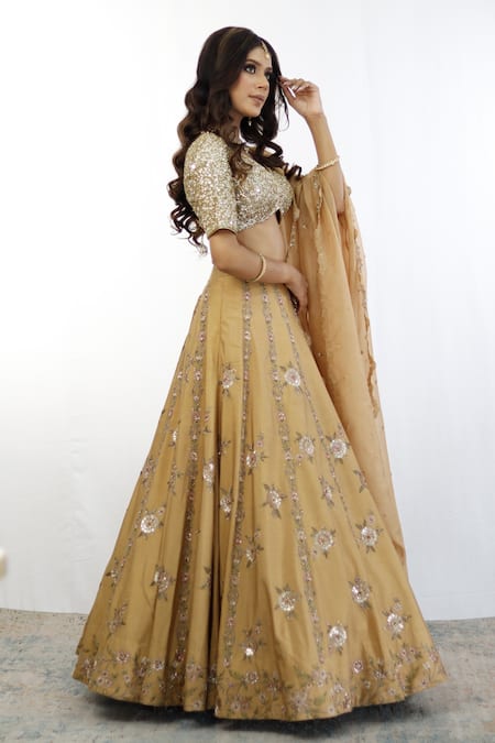 Shop_Studio Twelve 11_Beige Chanderi Silk, Organza Sequins, Beads Ari And Dori Embroidered Lehenga Set _Online_at_Aza_Fashions