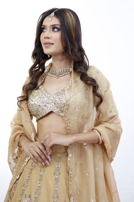 Buy_Studio Twelve 11_Beige Chanderi Silk, Organza Sequins, Beads Ari And Dori Embroidered Lehenga Set 