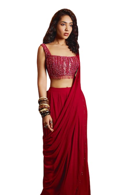 Diyarajvvir_Fuchsia Georgette, Tulle, Satin, Lycra Sequins, Panelled Skirt Saree With Blouse _Online_at_Aza_Fashions