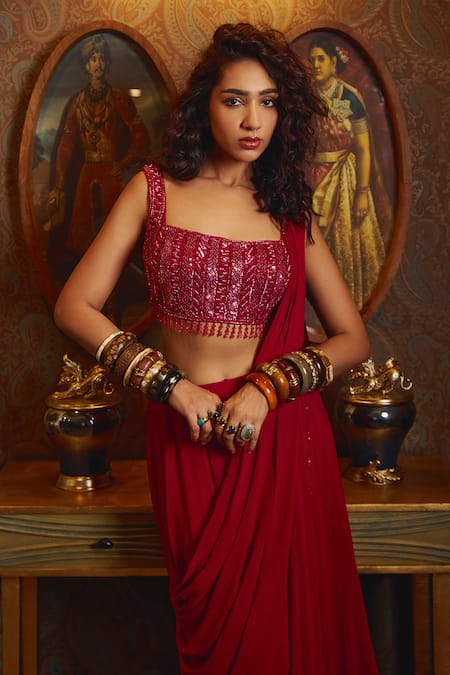 Buy_Diyarajvvir_Fuchsia Georgette, Tulle, Satin, Lycra Sequins, Panelled Skirt Saree With Blouse _Online_at_Aza_Fashions