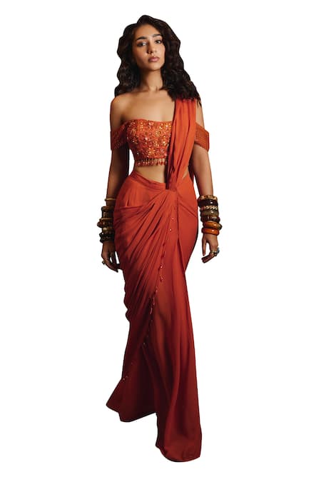 Diyarajvvir Orange Tulle, Georgette, Satin Pre-draped Saree With Floral Embroidered Blouse Online at Aza Fashions Diyarajvvir_Orange Tulle, Georgette, Satin Pre-draped Saree With Floral Embroidered Blouse _Online_at_Aza_Fashions