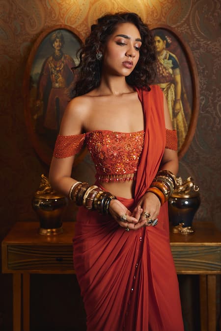 Shop Diyarajvvir Orange Tulle, Georgette, Satin Pre-draped Saree With Floral Embroidered Blouse Online at Aza Fashions Shop_Diyarajvvir_Orange Tulle, Georgette, Satin Pre-draped Saree With Floral Embroidered Blouse _Online_at_Aza_Fashions