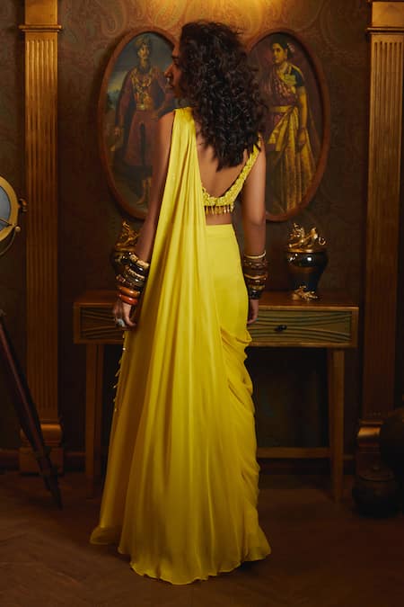 Shop_Diyarajvvir_Yellow Tulle, Georgette, Satin Sequins, Beads Pre-draped Pant Saree With Blouse _at_Aza_Fashions