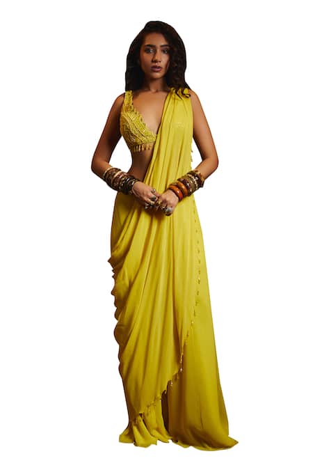 Diyarajvvir_Yellow Tulle, Georgette, Satin Sequins, Beads Pre-draped Pant Saree With Blouse _Online_at_Aza_Fashions