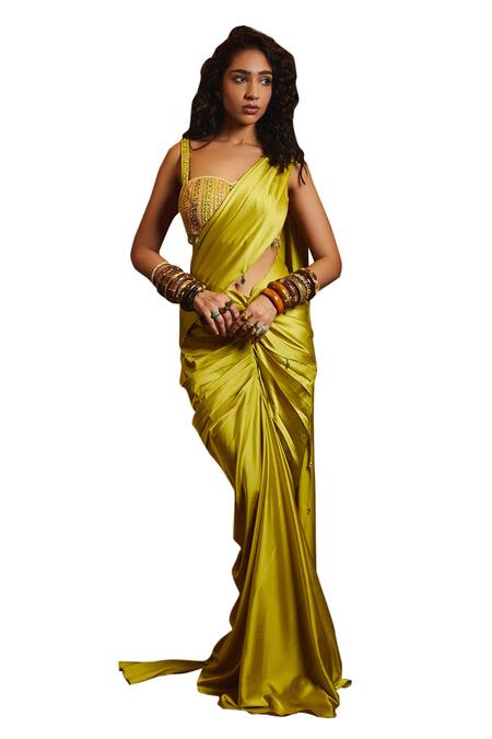 Diyarajvvir_Yellow Georgette, Tulle, Satin, Lycra Sequins, Cut Pre-draped Saree With Blouse _Online_at_Aza_Fashions