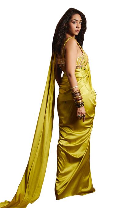 Shop_Diyarajvvir_Yellow Georgette, Tulle, Satin, Lycra Sequins, Cut Pre-draped Saree With Blouse _Online_at_Aza_Fashions