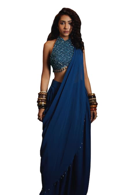 Diyarajvvir Blue Georgette, Tulle, Satin Sequins, Pre-draped Pleated Pant Saree With Blouse Online at Aza Fashions Diyarajvvir_Blue Georgette, Tulle, Satin Sequins, Pre-draped Pleated Pant Saree With Blouse _Online_at_Aza_Fashions