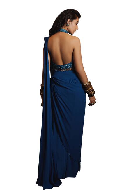 Diyarajvvir Blue Georgette, Tulle, Satin Sequins, Pre-draped Pleated Pant Saree With Blouse at Aza Fashions Diyarajvvir_Blue Georgette, Tulle, Satin Sequins, Pre-draped Pleated Pant Saree With Blouse _at_Aza_Fashions
