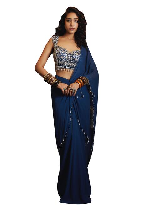 Diyarajvvir Blue Georgette, Tulle, Satin Pre-draped Saree With Geometric Embroidered Blouse Online at Aza Fashions Diyarajvvir_Blue Georgette, Tulle, Satin Pre-draped Saree With Geometric Embroidered Blouse _Online_at_Aza_Fashions