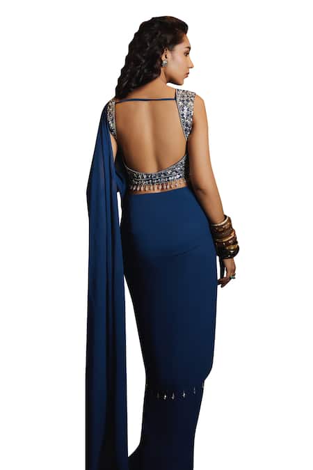 Shop Diyarajvvir Blue Georgette, Tulle, Satin Pre-draped Saree With Geometric Embroidered Blouse Online at Aza Fashions Shop_Diyarajvvir_Blue Georgette, Tulle, Satin Pre-draped Saree With Geometric Embroidered Blouse _Online_at_Aza_Fashions