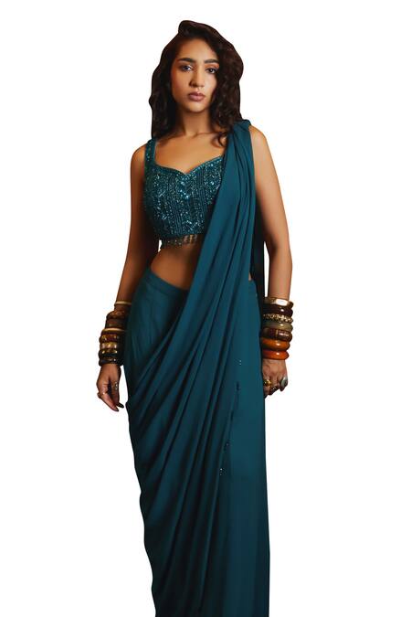 Diyarajvvir Blue Georgette, Tulle, Satin Pre-draped Pleated With Linear Embroidered Blouse Online at Aza Fashions Diyarajvvir_Blue Georgette, Tulle, Satin Pre-draped Pleated With Linear Embroidered Blouse _Online_at_Aza_Fashions