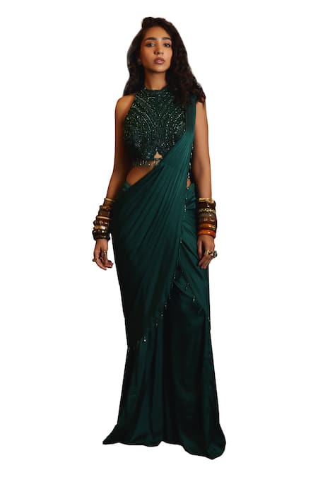 Diyarajvvir Green Georgette, Tulle, Satin Sequins, Cut Pre-draped Sharara Saree With Blouse Online at Aza Fashions Diyarajvvir_Green Georgette, Tulle, Satin Sequins, Cut Pre-draped Sharara Saree With Blouse _Online_at_Aza_Fashions
