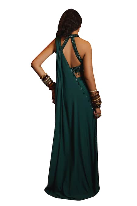 Shop Diyarajvvir Green Georgette, Tulle, Satin Sequins, Cut Pre-draped Sharara Saree With Blouse Online at Aza Fashions Shop_Diyarajvvir_Green Georgette, Tulle, Satin Sequins, Cut Pre-draped Sharara Saree With Blouse _Online_at_Aza_Fashions