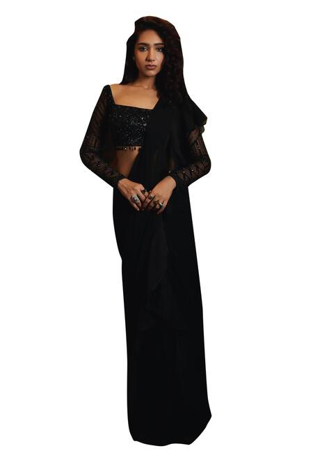 Diyarajvvir Black Georgette, Tulle, Satin Sequins, Cut Pre-draped Ruffled Saree With Blouse Online at Aza Fashions Diyarajvvir_Black Georgette, Tulle, Satin Sequins, Cut Pre-draped Ruffled Saree With Blouse _Online_at_Aza_Fashions