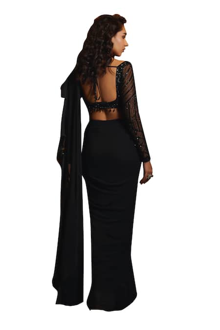 Shop Diyarajvvir Black Georgette, Tulle, Satin Sequins, Cut Pre-draped Ruffled Saree With Blouse Online at Aza Fashions Shop_Diyarajvvir_Black Georgette, Tulle, Satin Sequins, Cut Pre-draped Ruffled Saree With Blouse _Online_at_Aza_Fashions