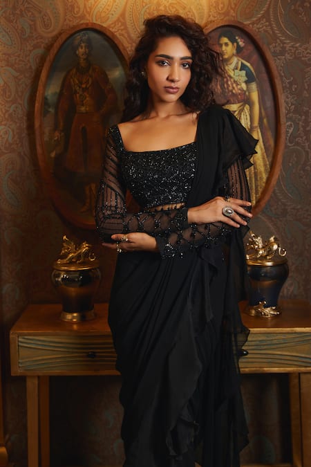 Diyarajvvir Black Georgette, Tulle, Satin Sequins, Cut Pre-draped Ruffled Saree With Blouse at Aza Fashions Diyarajvvir_Black Georgette, Tulle, Satin Sequins, Cut Pre-draped Ruffled Saree With Blouse _at_Aza_Fashions