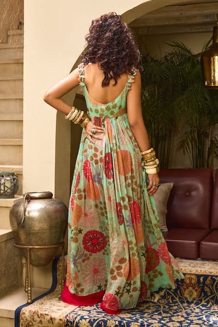 Shop Diyarajvvir Green Georgette Embroidery Round Neck Floral Print Anarkali With Flared Pant at Aza Fashions Shop_Diyarajvvir_Green Georgette Embroidery Round Neck Floral Print Anarkali With Flared Pant _at_Aza_Fashions