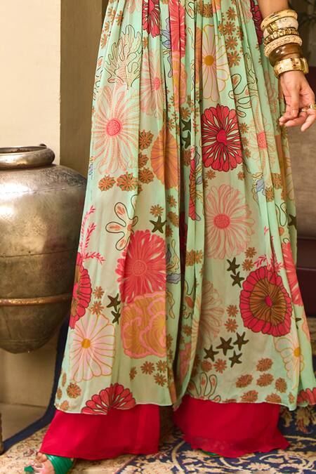 Diyarajvvir Green Georgette Embroidery Round Neck Floral Print Anarkali With Flared Pant Online at Aza Fashions Diyarajvvir_Green Georgette Embroidery Round Neck Floral Print Anarkali With Flared Pant _Online_at_Aza_Fashions