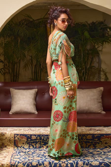 Shop Diyarajvvir Green Crepe, Georgette Embroidery, Sequins Floral Print Draped Skirt With Blouse at Aza Fashions Shop_Diyarajvvir_Green Crepe, Georgette Embroidery, Sequins Floral Print Draped Skirt With Blouse _at_Aza_Fashions