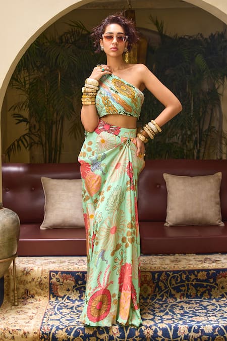 Buy Diyarajvvir Green Crepe, Georgette Embroidery, Sequins Floral Print Draped Skirt With Blouse Online at Aza Fashions Buy_Diyarajvvir_Green Crepe, Georgette Embroidery, Sequins Floral Print Draped Skirt With Blouse _Online_at_Aza_Fashions