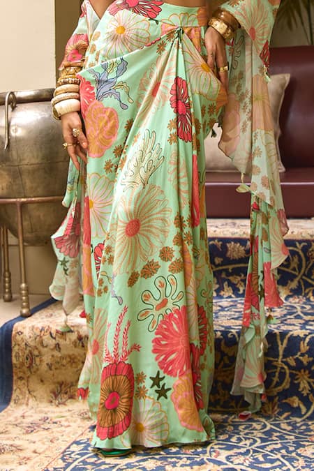 Diyarajvvir Green Crepe, Georgette, Linen Sequins Floral Print Draped Skirt Blouse Set Online at Aza Fashions Diyarajvvir_Green Crepe, Georgette, Linen Sequins Floral Print Draped Skirt Blouse Set _Online_at_Aza_Fashions