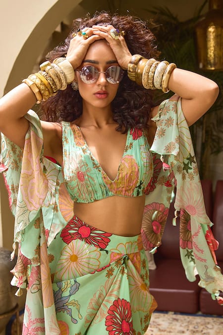 Shop Diyarajvvir Green Crepe, Georgette, Linen Sequins Floral Print Draped Skirt Blouse Set Online at Aza Fashions Shop_Diyarajvvir_Green Crepe, Georgette, Linen Sequins Floral Print Draped Skirt Blouse Set _Online_at_Aza_Fashions