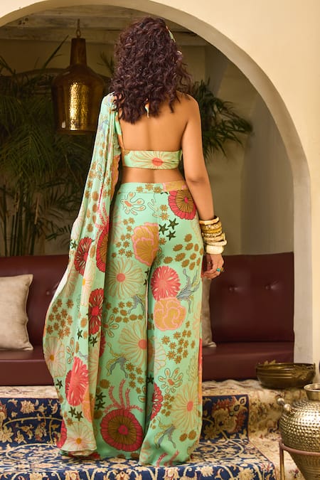 Shop_Diyarajvvir_Green Crepe, Georgette, Tulle Embroidery, Floral Print Flared Pant With Blouse _at_Aza_Fashions
