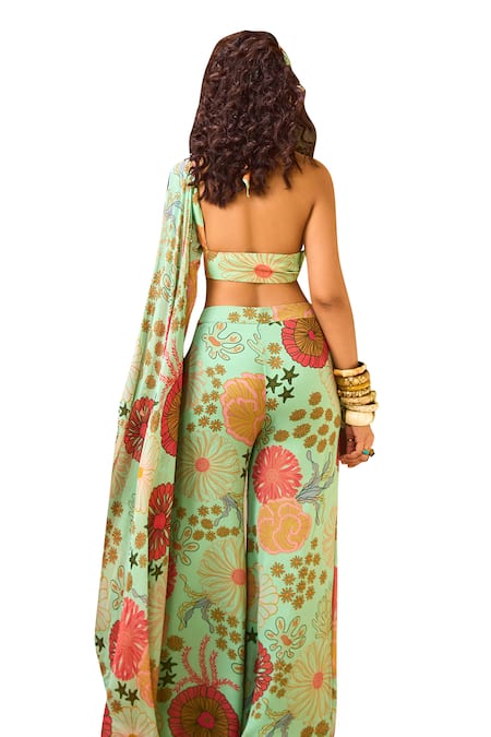 Diyarajvvir_Green Crepe, Georgette, Tulle Embroidery, Floral Print Flared Pant With Blouse _Online_at_Aza_Fashions