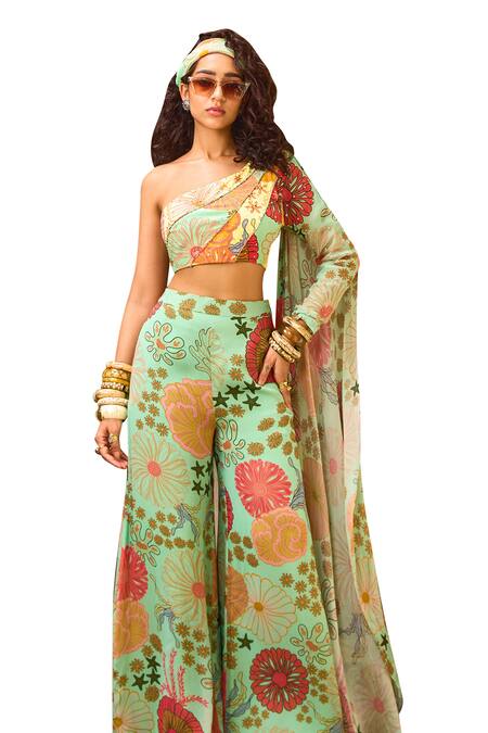 Buy_Diyarajvvir_Green Crepe, Georgette, Tulle Embroidery, Floral Print Flared Pant With Blouse _Online_at_Aza_Fashions